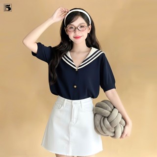 Áo len mongtoghi nữ Twentyfive dáng rộng ngắn tay, cài cúc, phối cổ thủy thủ vải đanh mịn 6260