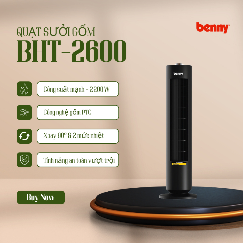 Quạt Sưởi Gốm không làm khô da Benny BHT-2600, Black, 2.200W, phím cơ,thiết kế sang trọng, tự ngắt k