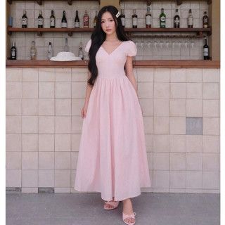  Đầm Nữ Knoxi Cổ V Tay Bồng Dáng Xòe Dài Tôn Dáng GOÛT DE JUN 