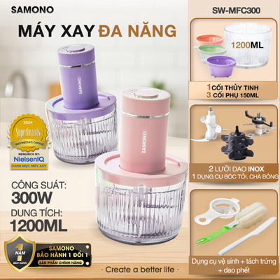 (BH 1 năm) Máy xay thực phẩm đa năng Samono SW-MFC300 1.2L - xay thịt có kèm dụng cụ bóc tỏi, 1 cối thủy tinh 3 cối nhựa