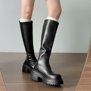 Giày boost bốt nữ cao gót 7cm mũi vuông da trơn ôm chân kiểu dáng basic