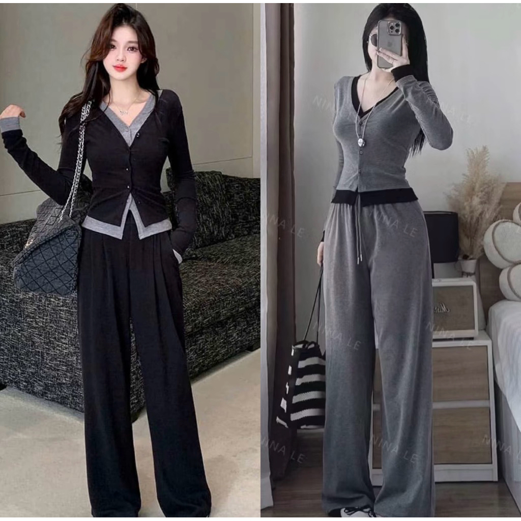 Set Bộ Nữ Tay Dài Vải Tăm Hàn Co Giãn Quần Xuông Áo 2 Lớp Khuy Cúc