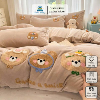  Set 4 món vỏ chăn ga gối nỉ nhung mềm mịn thêu len Otama Bedding bộ drap giường đủ size 1m6 1m8 2m 