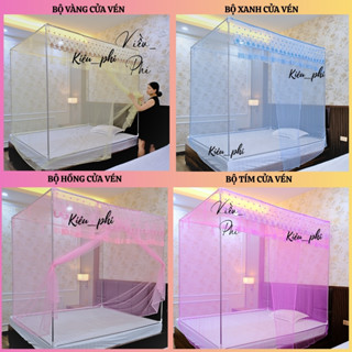 Bộ màn ngủ chống muỗi tuyn dây Thái ren lạnh + mùng khung inox 304 cửa vén không cần khoan đục tường Kiều Phi