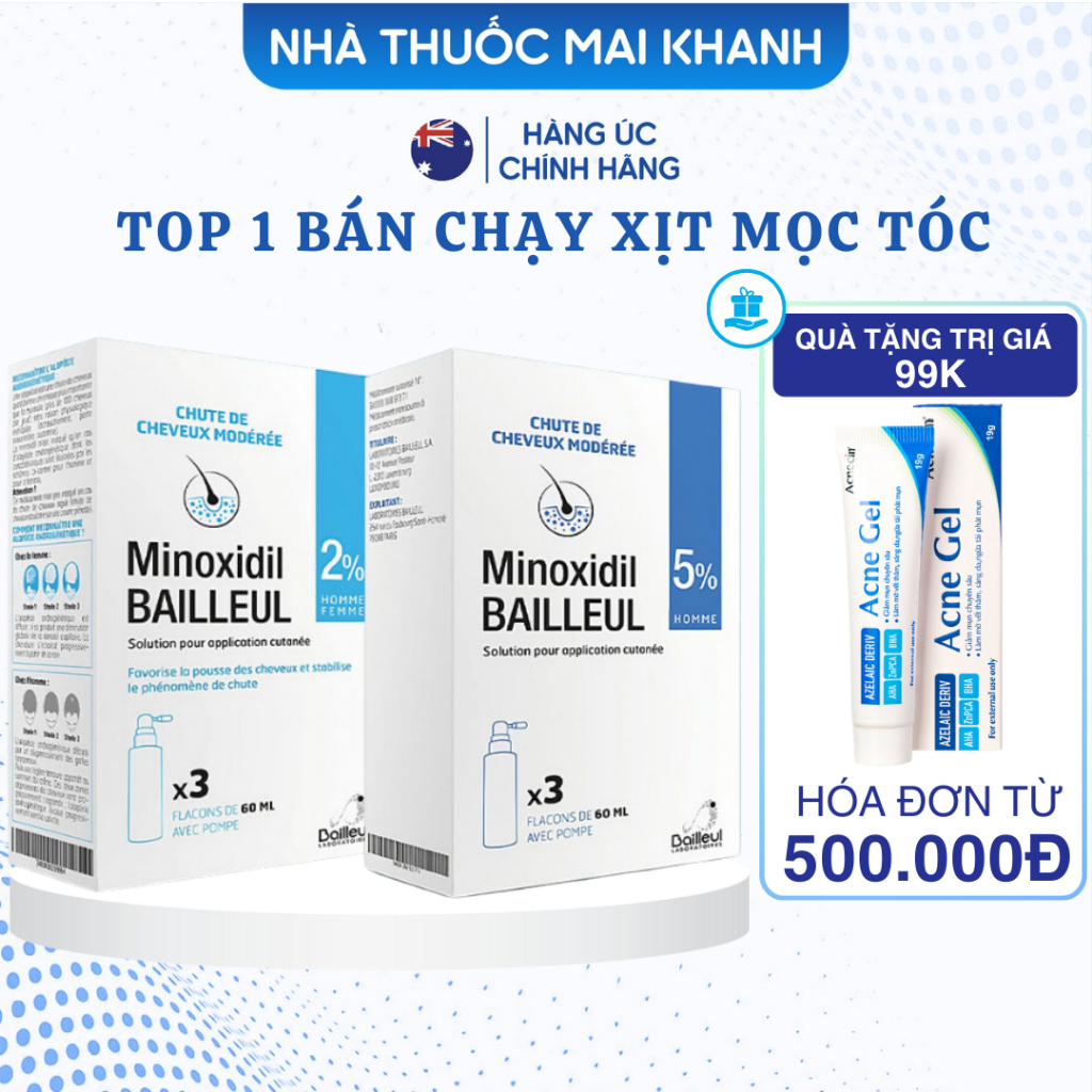 Minoxidil Bailleul Xịt Mọc Tóc 2% Và 5% Ngăn Ngừa Rụng Tóc, Giúp Mọc Tóc 60ml Pháp