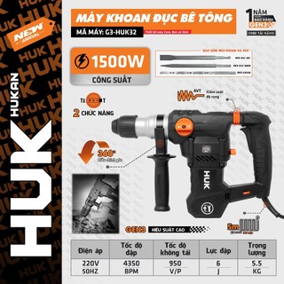  Máy khoan đục bê tông HUKAN G3-HUK32 2 Chức năng 1500w Có AVT Lực đập 6J 6 Tốc độ 