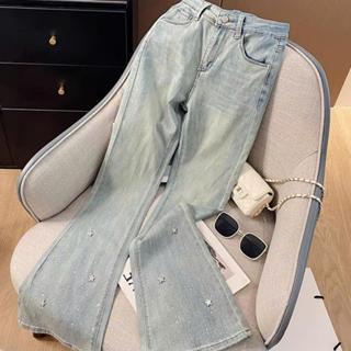  Quần Jeans Loe Đính Đá Sao Hàn Quốc Dễ Thương - Pants Women Nữ Giặt Nước Lạnh Boho Voi Kem Co Giãn Dáng Ôm Thanh Lịch Sa 