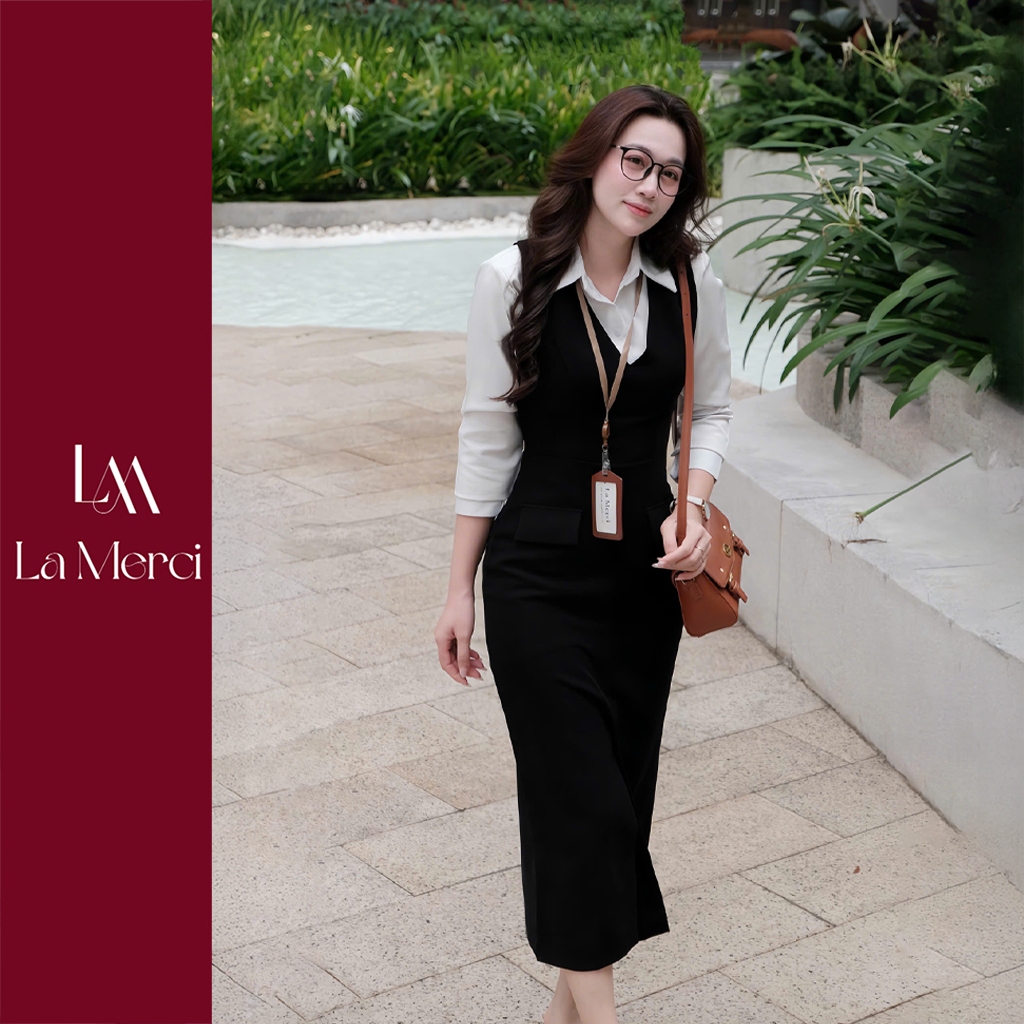 Đầm công sở La Merci DV03 đầm yếm thiết kế ôm nhẹ tôn dáng thoải mái Đầm đen Chất Liệu Dày Dặn