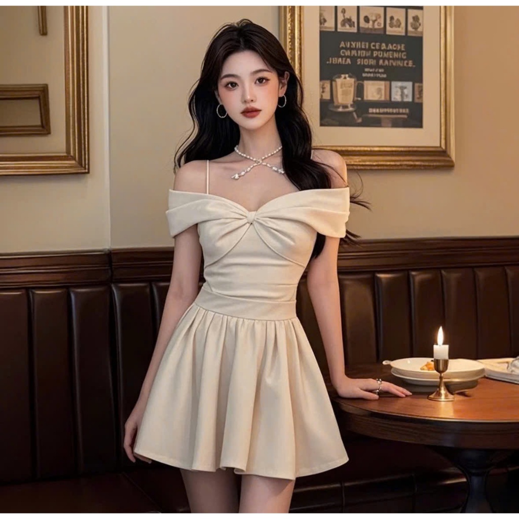 Váy Nữ,Đầm Dự Tiệc Hai Dây Trễ Vai Nơ Ngực Dáng Ngắn Xòe Xinh Xắn Đi Chơi Dự Tiệc