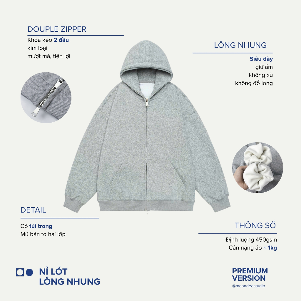 Áo Hoodie Zip Trơn Nam Nữ Meandee Khoác Hoodie Nỉ Lông Nhung, 2 Da Khóa Hai Đầu Form Rộng Nón To, Có Túi Trong - KNTR2 | BigBuy360 - bigbuy360.vn
