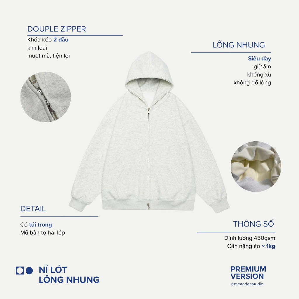 Áo Hoodie Zip Trơn Nam Nữ Meandee Khoác Hoodie Nỉ Lông Nhung, 2 Da Khóa Hai Đầu Form Rộng Nón To, Có Túi Trong - KNTR2 | BigBuy360 - bigbuy360.vn