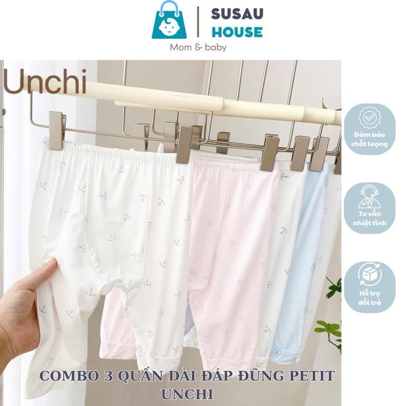Combo 3 Quần Dài Sơ Sinh Unchi Vải Petit Mềm Mịn Mát Có Đáp Đũng Cho Bé Từ 3-9kg