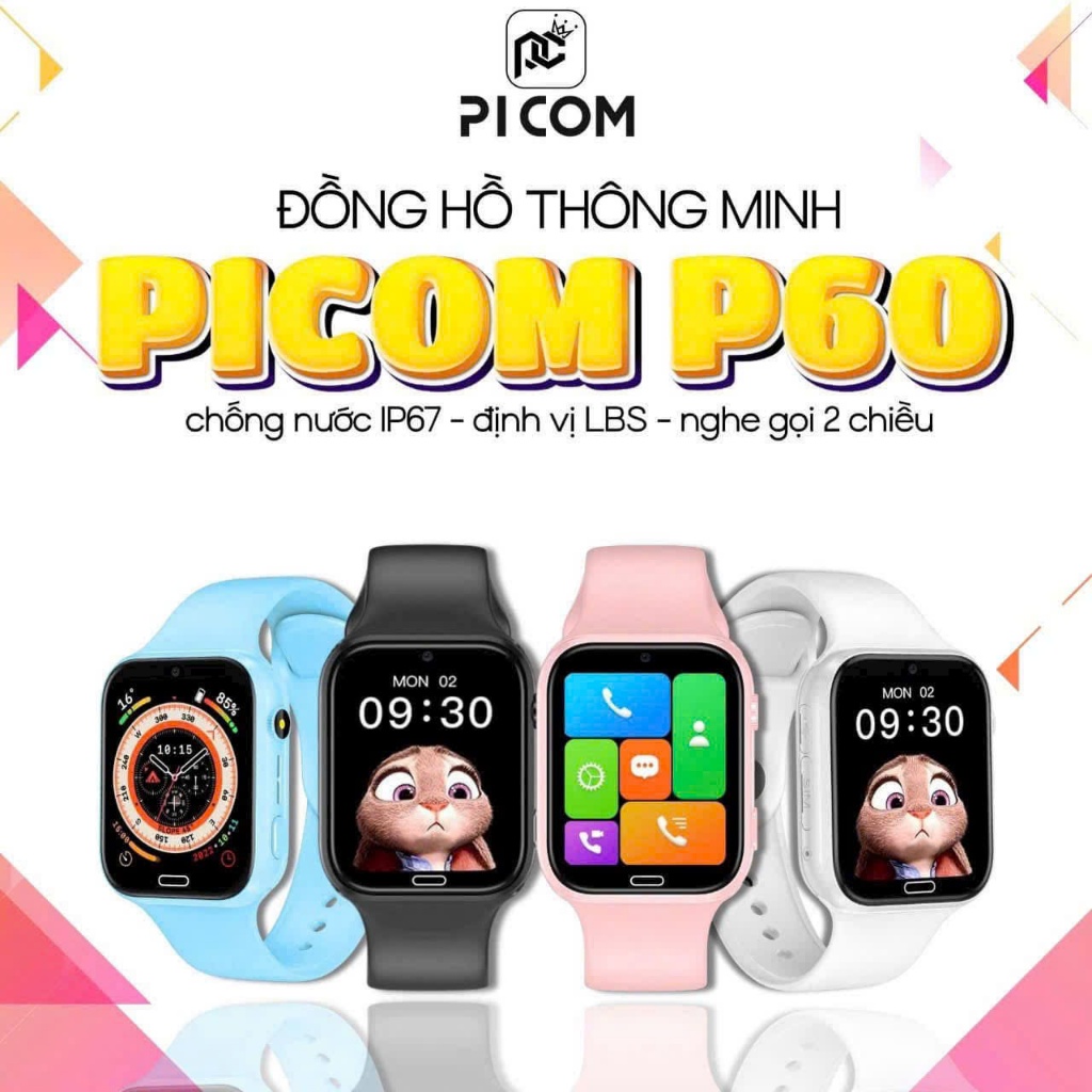 Đồng hồ thông minh trẻ em picom P60, lắp sim nghe gọi,định vị GPS, video call, pin trâu, Chống nước 