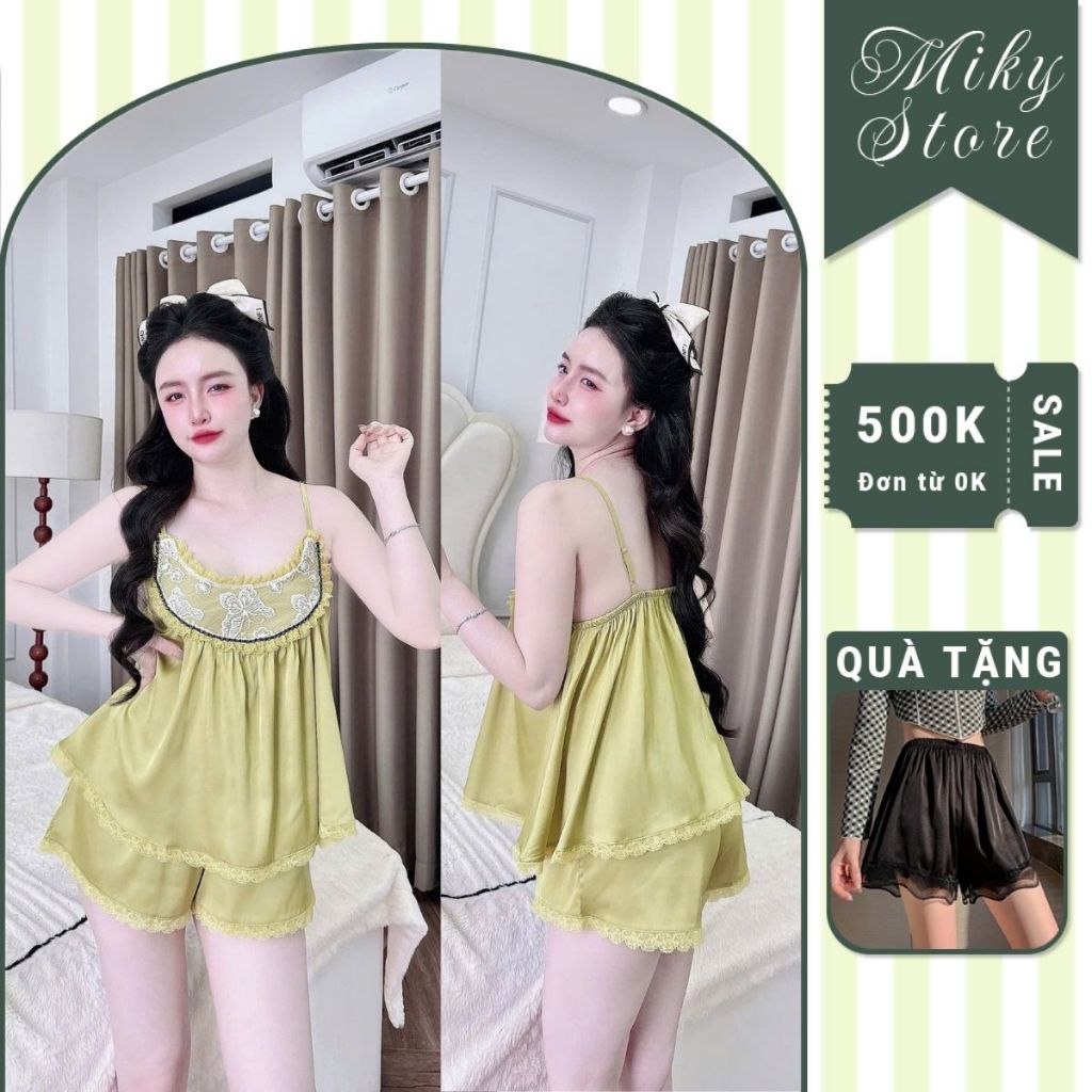 Đồ ngủ nữ Miky, Đồ ngủ sexy lụa Chiffon phối Latin cao cấp mềm mại xinh xắn <70KG 2 dây ren vòm cổ | BigBuy360 - bigbuy360.vn