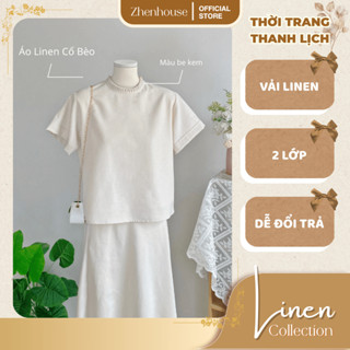  Áo Kiểu Linen Nữ Form Rộng Cổ Nhún 2 Lớp Tay Ngắn + Chân Váy Linen AK07 