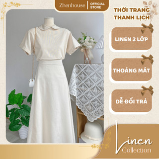 Áo Linen Nữ Kiểu Form Vừa Cổ Sen 2 Lớp Tay Ngắn + Chân Váy Linen AK05