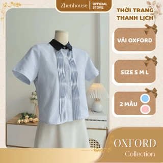 Áo Sơ Mi Nữ Kiểu Tay Ngắn Công Sở Cổ Đức 2 Màu Trắng Kẻ Xanh và Trắng Kẻ Hồng - ZhenHouse AK21