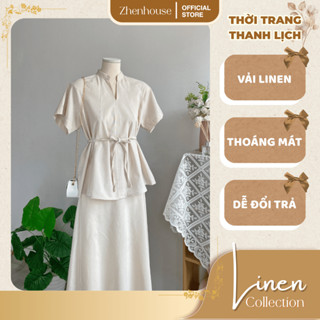 Áo Sơ Mi Linen Nữ Công Sở Form Rộng Cổ Tàu Tay Ngắn + Set Chân Váy Linen AK04