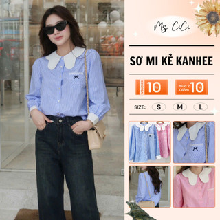  Áo sơ mi kẻ dài tay Kanhee Ms Cici thiết kế cổ lượn hoạ tiết kẻ 2 màu túi ngực đáp ren thêu nơ xinh xắn AT2440 