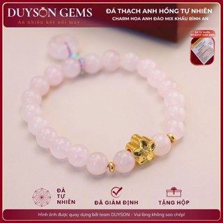  Vòng tay thạch anh hồng tự nhiên mix charm hoa anh đào mạ vàng đồng điếu khấu bình an Duyson Gems 