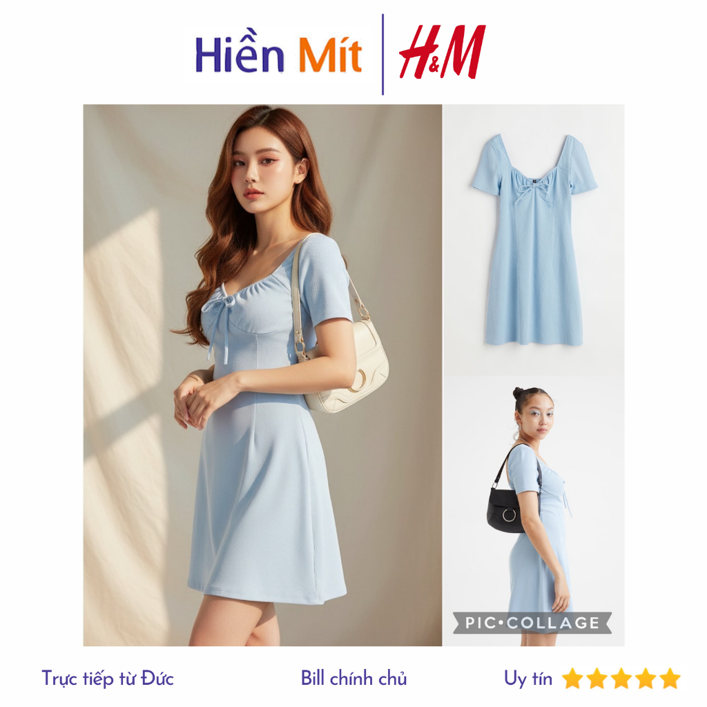 [Size XXS] H&M Đức - Đầm babydoll thun gân tay ngắn màu xanh baby pastel sale auth new tag cao cấp c