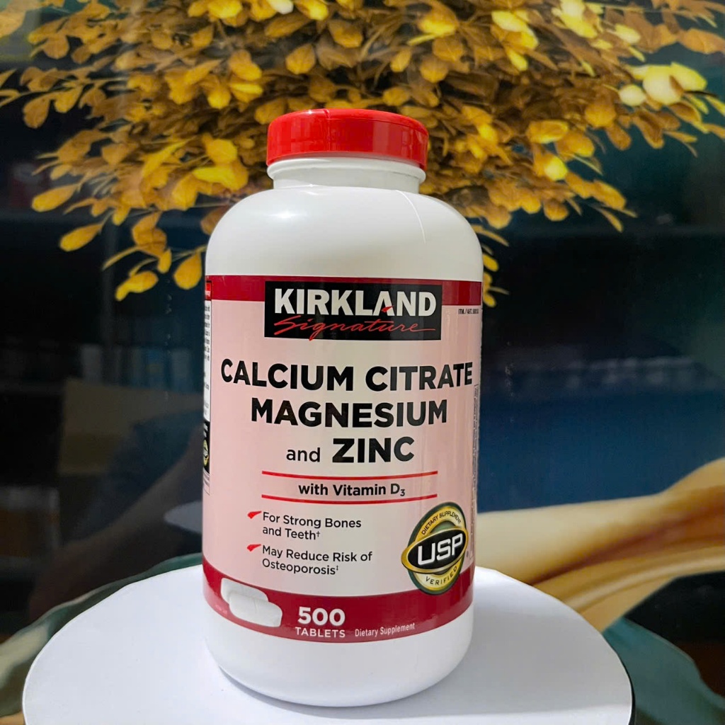 Viên uống hỗ trợ xương khớp Kirkland Signature calcium citrate magnesium and zinc 500 viên quatangme