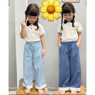 (Quần jean chấm bi phối ren ) HANA KIDS - quần jean giấy chấm bi dáng suông phối ren xinh xắn cho bé 9-45kg