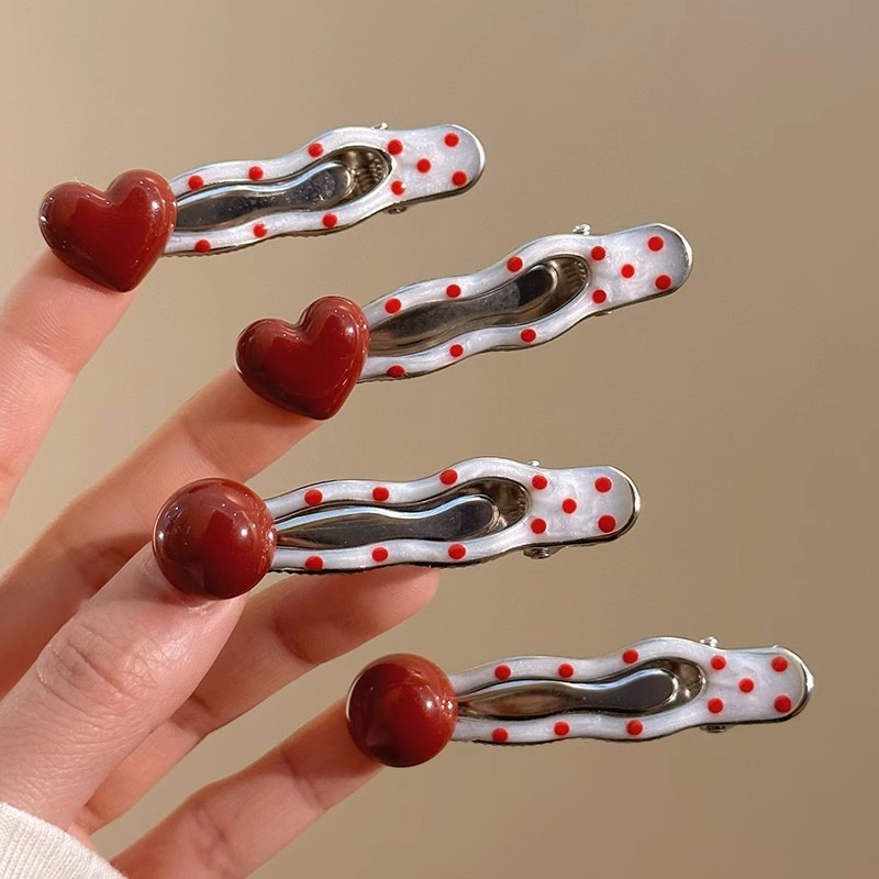 Kẹp tóc mái inox chấm bi đính cham màu đỏ thời trang phong cách mới