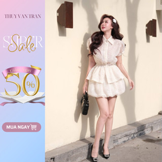 Set áo sơ mi kim sa bo eo và chân váy bí bồng xoè THUYVANTRAN