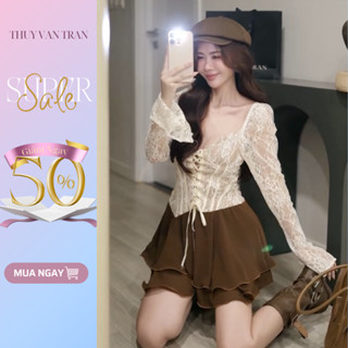 Váy liền ngực corset đan dây dài tay mix chân váy xoè THUYVANTRAN