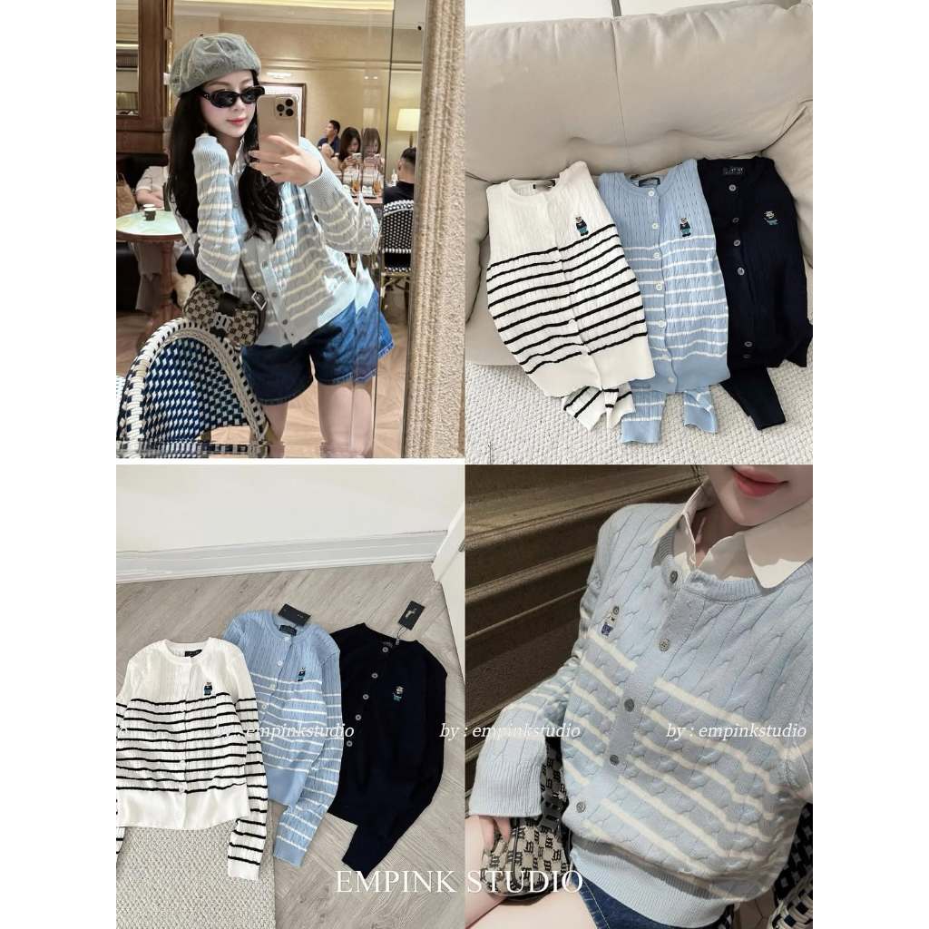 Áo Len Nữ Cardigan Thêu Hình Gấu Sọc Ngang Dài Tay Form Rộng  Hàn Quốc Siêu Hot 2025 TH13