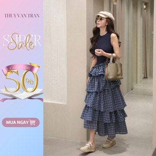 Đầm thun không tay phối karo tầng THUYVANTRAN