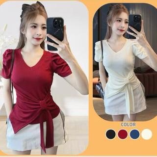  Áo kiểu nữ tay thiết kế buộc dây tạo kiểu Áo cổ tim nữ vạt chéo đẹp tay bồng ADD 