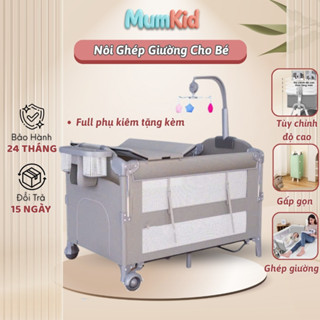 Giường Nôi Vải Gấp Gọn Full Phụ Kiện Có Bánh Xe Khóa, Đệm Cao Su 2 Mặt, Giỏ Đựng Đồ,Giá Treo Đồ Chơi