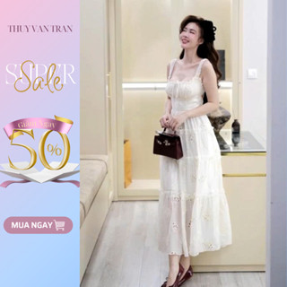 Đầm 2 dây thô ren tầng hoạ tiết THUYVANTRAN