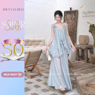 Set áo hai dây tơ bèo hoa lệch và chân váy dài bồng xoè THUYVANTRAN