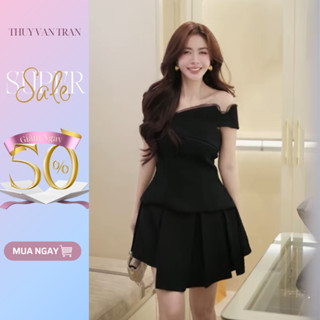Set áo trễ vai quấn và chân váy xếp ly lệch THUYVANTRAN