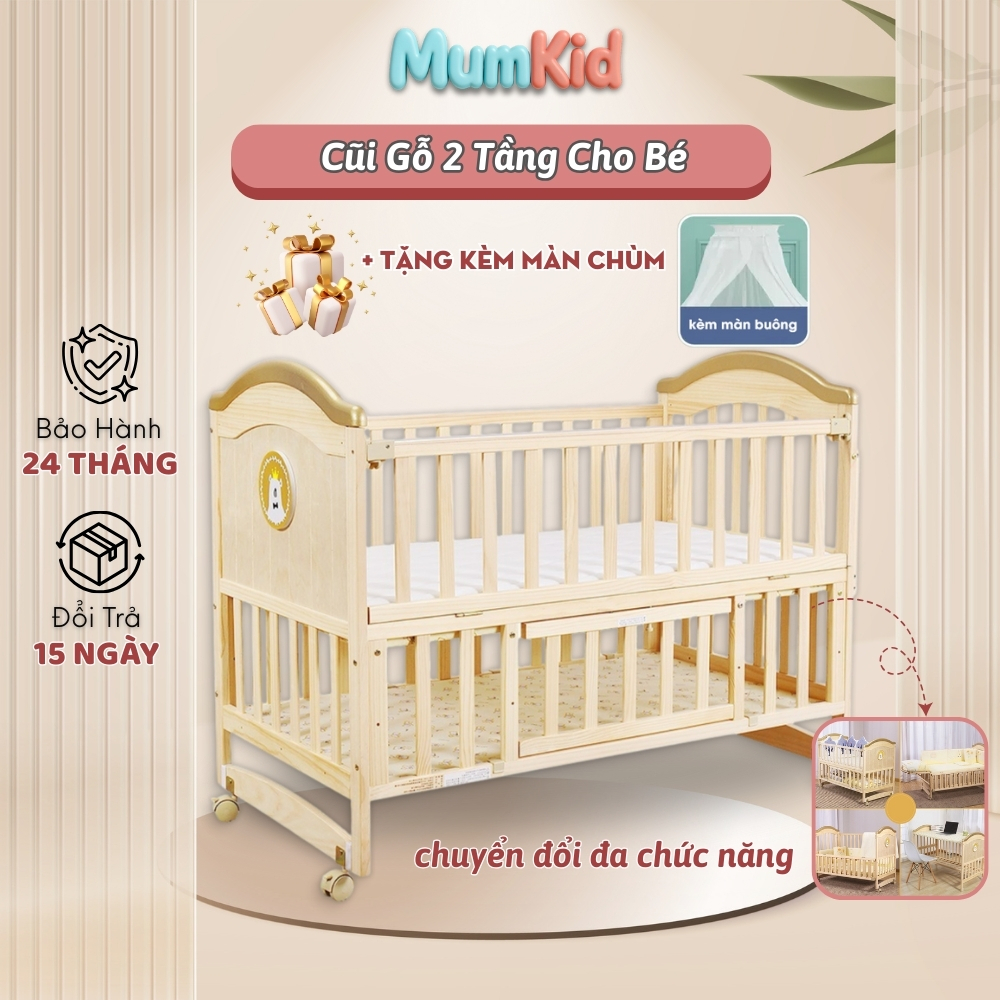 Nôi Cũi Gỗ 2 Tầng Cho Bé MUMKID Đa Năng Có Bánh Xe, Màn Treo, Ghép Giường Bố Mẹ – Mua Kèm Nệm Xơ Dừa