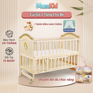 Nôi Cũi Gỗ 2 Tầng Cho Bé MUMKID Đa Năng Có Bánh Xe, Màn Treo, Ghép Giường Bố Mẹ – Mua Kèm Nệm Xơ Dừa