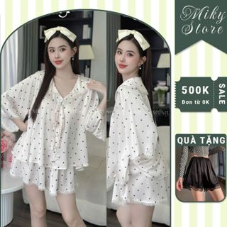 Đồ Ngủ Nữ Bigsize Tay Loe Chấm Bi Tiểu Thư, Quần Giả Váy Chất Lụa Latin Mềm Mịn 70kg