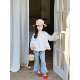  Set áo babydoll bồng trắng xinh đẹp kèm quần bò Jean loe dành cho bé gái  9-30kg  