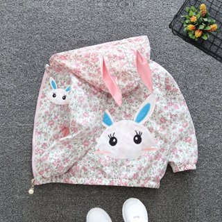  Áo khoác gió trẻ em 2 lớp dài tay bo có nón trùm tai thỏ hoa nhí dù cotton chống nắng mưa nhẹ áo ấm thu đông cho bé 