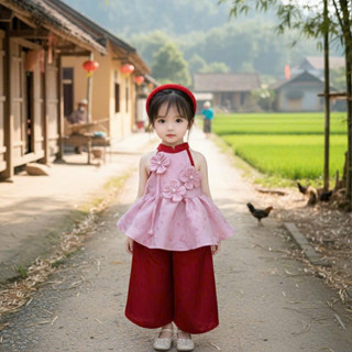 Set đồ trung thu 3CT cho bé gái: áo yếm chất gấm đính hoa nổi Minh Nguyệt, quần lụa kèm bờm tóc cho bé 8-28kg Juny Kids