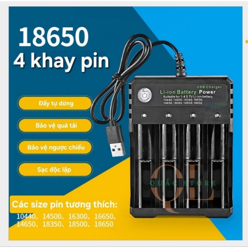 Dock sạc 4 khay chân cắm usb, sạc pin 18650 và 1 số loại pin 3.7v - 4.2v