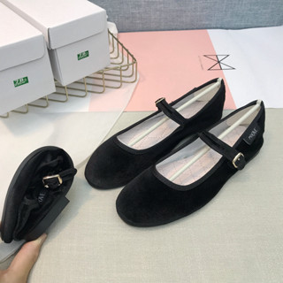 (GIÁ MỞ BÁN) Giày grove ballet flat búp bê mũi tròn đế bệt mềm dẻo vải Nhung màu đen quai ngang khoá vuông