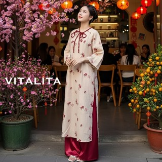  SET áo dài cách tân nữ TỬ KỲ cổ tròn buộc nơ phối quần lụa mềm mặc Tết - đi chùa - chụp ảnh phối đồ cực xinh 