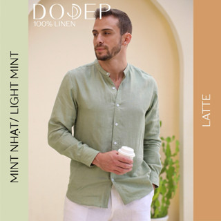 DODEP Áo sơmi nam cổ trụ 100% linen premium tay dài màu cafe, bạc hà