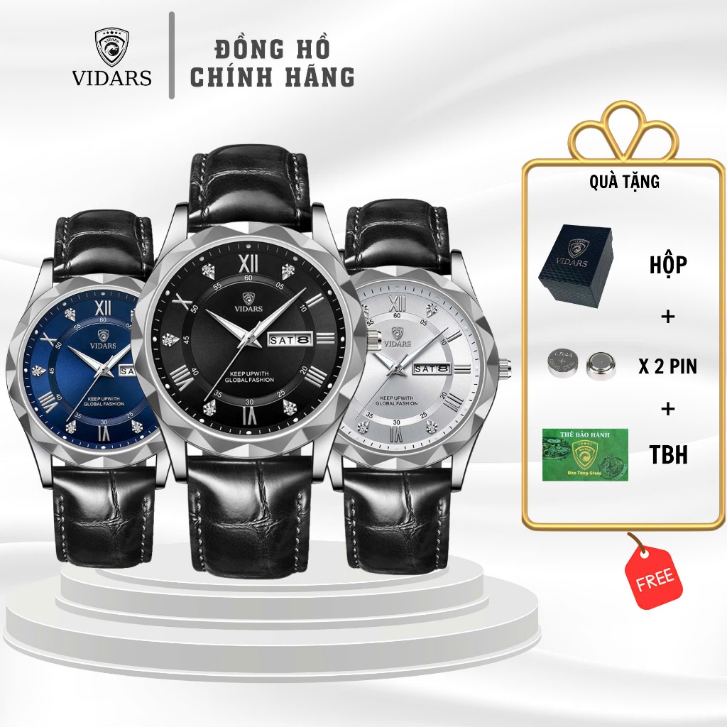 Đồng Hồ Nam VIDARS Viền Cắt Kim Cương Dây Da Đen Cọc Số La Mã Cách Điệu Kim Cương Có Bộ Lịch