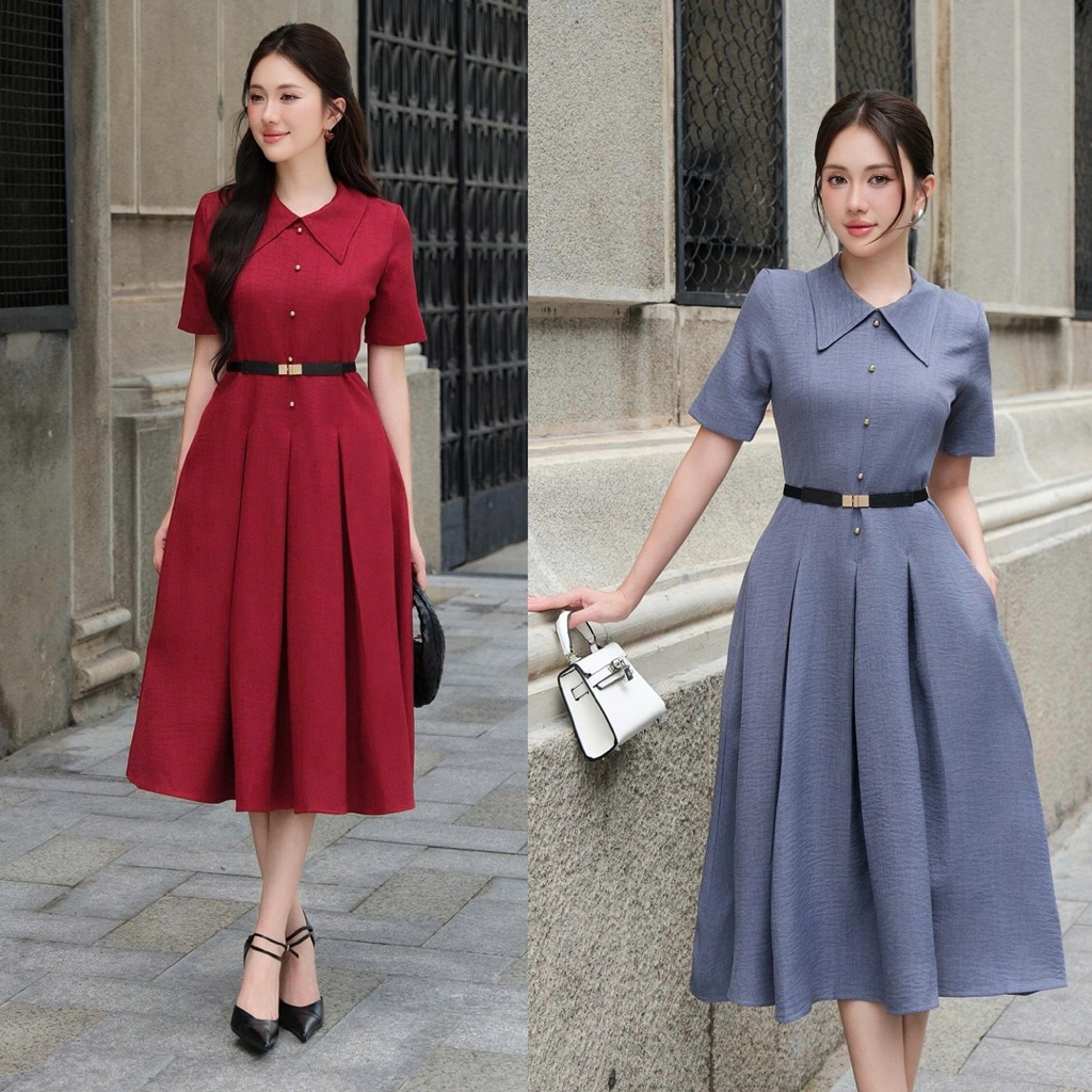 váy cổ somi dán xoè thanh lịch kèm belt HOIVU Sarah dress kèm belt