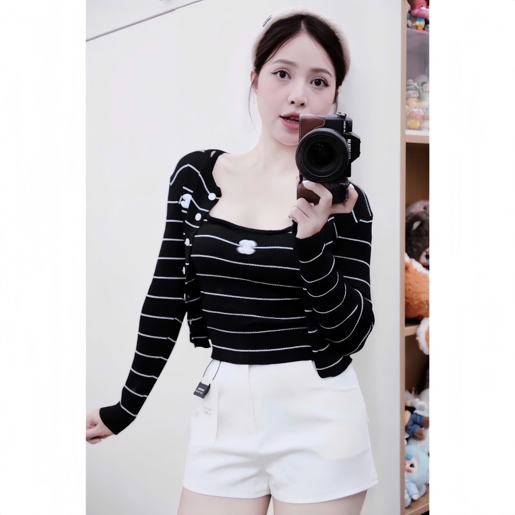 Áo Khoác Dài Tay Kèm Áo Hai Dây Với Họa Tiết Sọc Ngang Trắng Đen H18 | BigBuy360 - bigbuy360.vn